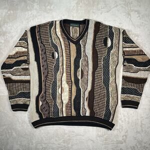 VTG Tundra Canada Sweater Brown Cosby V Neck 3D Knit Streetwear Men’s Size XL